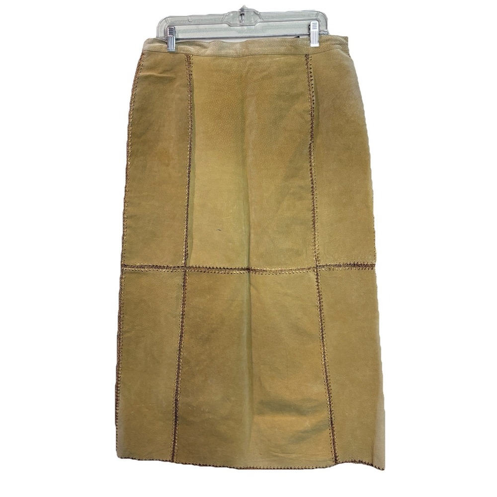 Vintage 90s Womens XL Tan Suede‎ Leather Maxi Skirt Crochet Detail Boho Festival